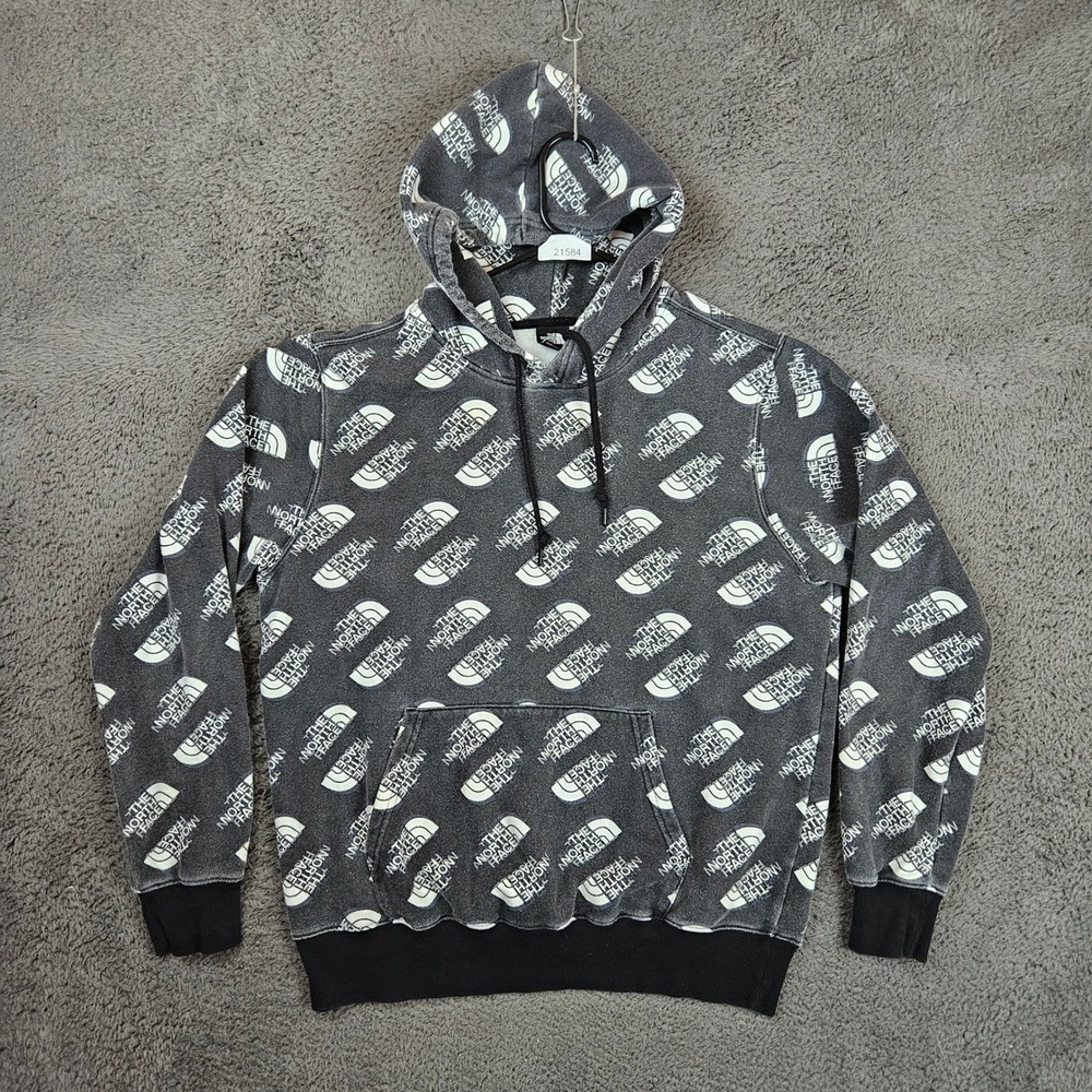 The North Face Mens Medium All Over Logo Print Pullover Hoodie Black‎ Grey